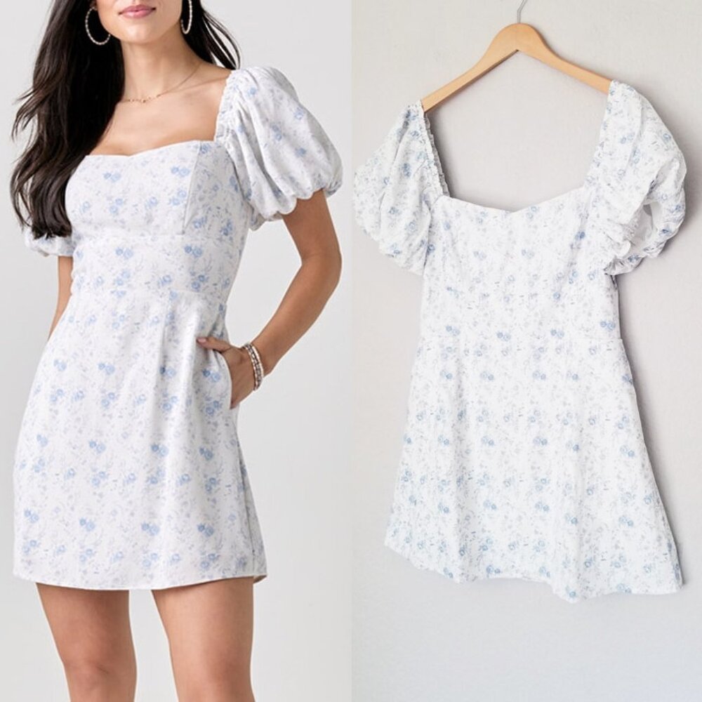 NEW Mi Ami Francesca's Erin Floral Square Neck Mini Dress L White Blue Cottage - Picture 5 of 15